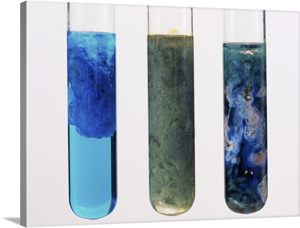 Hydroxide precipitates. Three test tubes containing, from the left, copper (II), iron (II) and cobalt (II). All three test...