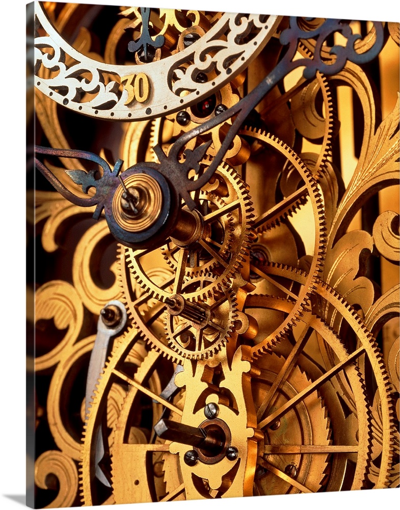 Clock cogs. Internal gears and cogs in an antique clock on a decorative background. At upper left is the pivot for the hou...