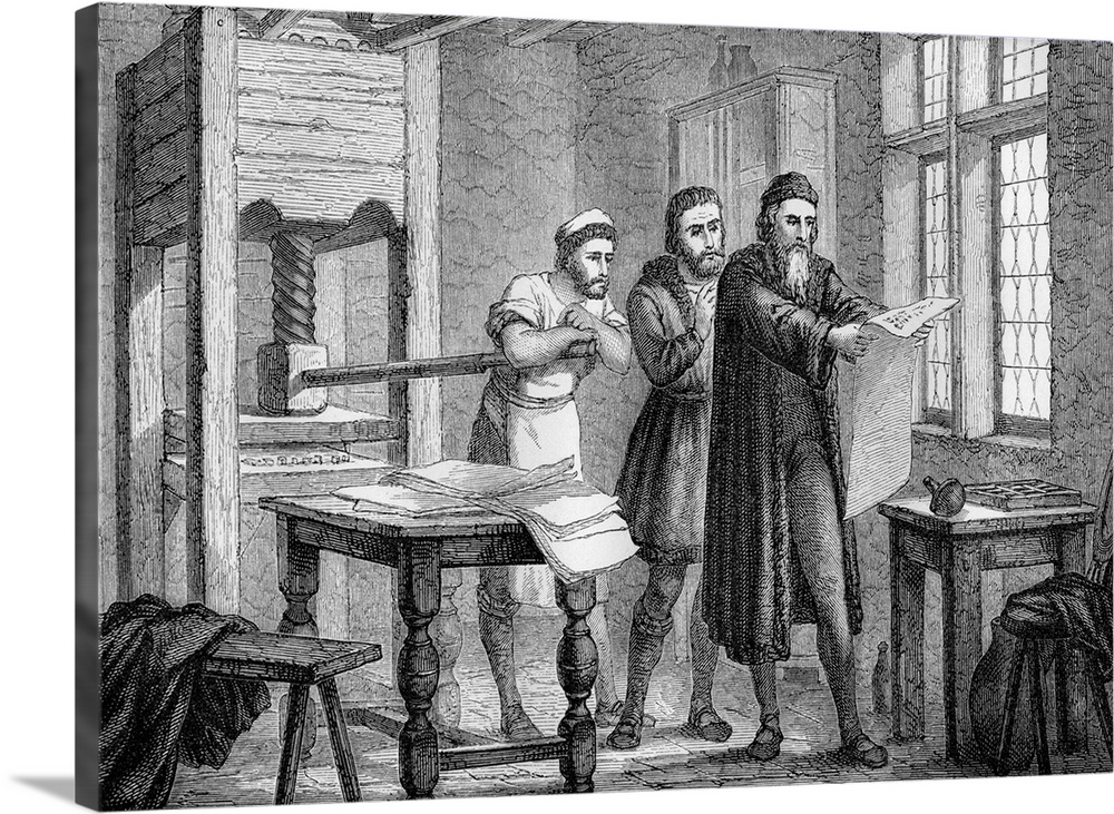 Johann Gutenberg (1398-1468), German inventor of the printing press, with two assistants, examining the first page of his ...