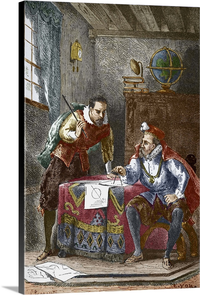 Johannes Kepler (left, 1571-1630), German astronomer, and Tycho Brahe (right, 1546-1601), Danish astronomer, discussing pl...