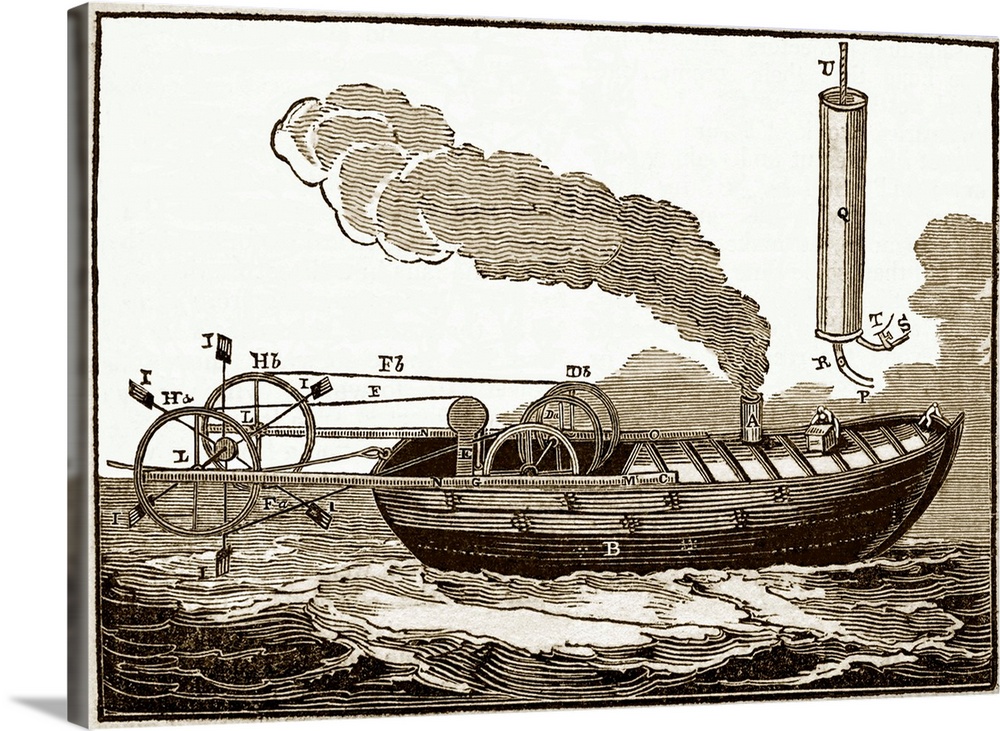 Jonathan Hulls' steamboat, historical artwork. A patent for this steam-powered towboat was taken out by the British invent...