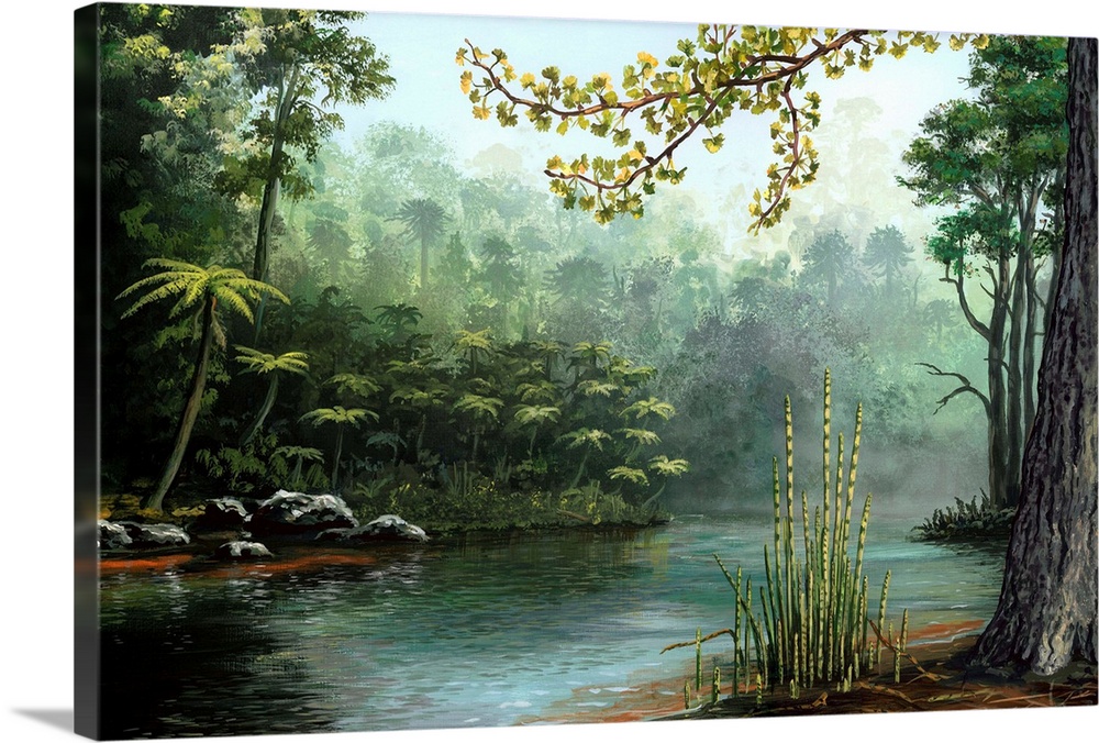 Jurassic landscape. Artwork showing typical plants along a river during the Jurassic (200 to 145 million years ago). The t...