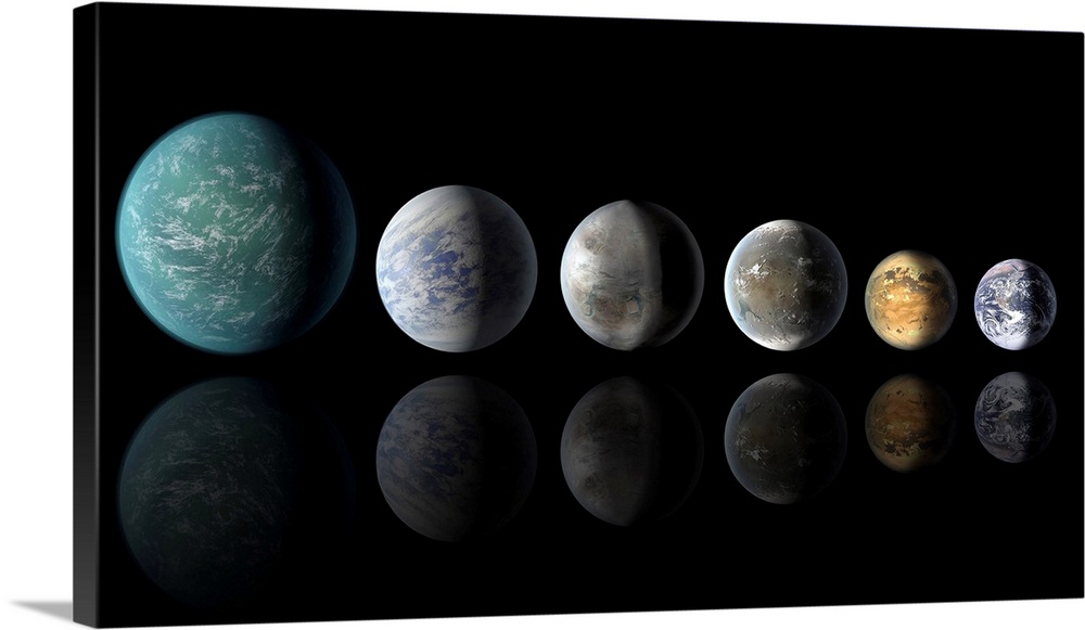 Photo courtesy of NASA/Ames/JPL-Caltech. Kepler exoplanets and Earth. Illustration comparing Earth (far right) with five E...