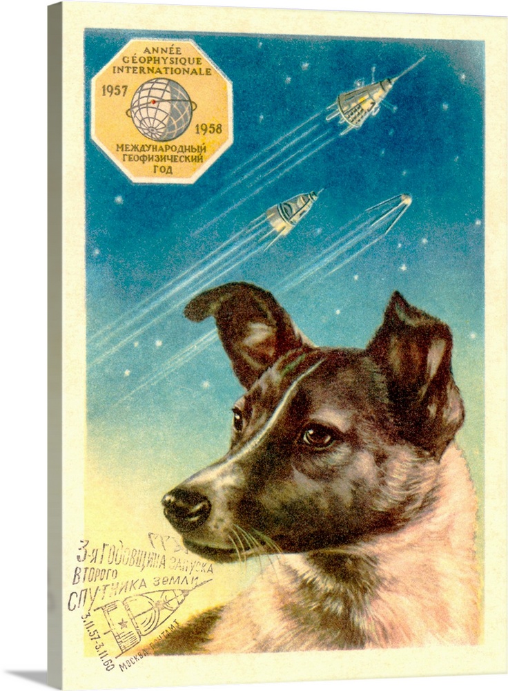 Laika the space dog postcard. Artwork on postcard of Laika, the bitch who became the first animal in space. She was launch...