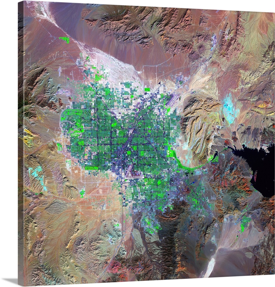 Las Vegas. Coloured optical and infrared, Landsat satellite image of the city of Las Vegas, Nevada, USA. North is at top. ...