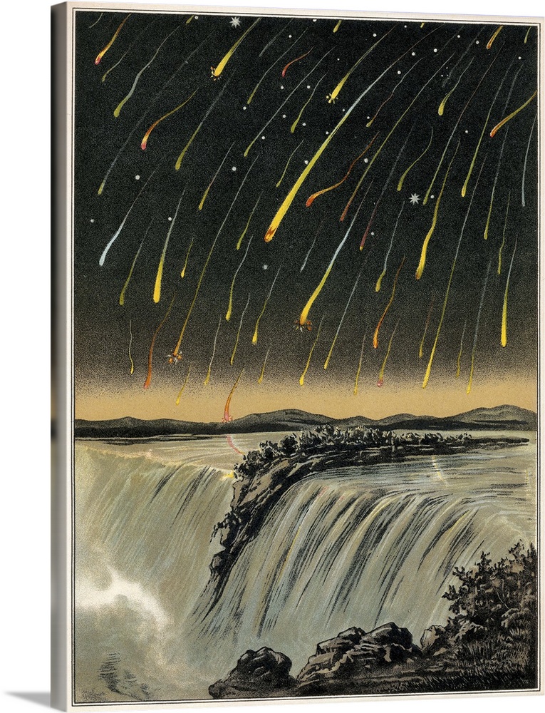 Leonid meteor shower of 1833. Historical artwork of the spectacular Leonid meteor shower of 13th November 1833 seen over t...