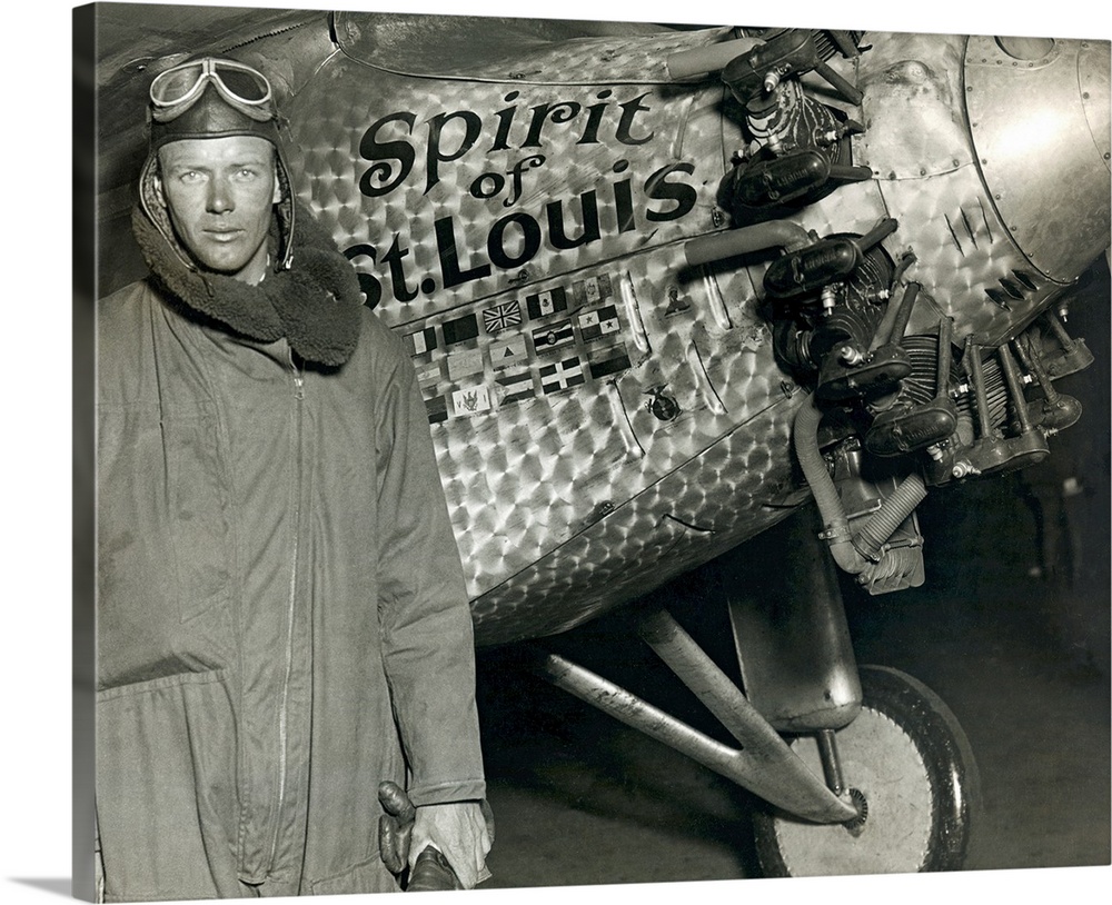Vintage photo on canvas of Lindbergh in front of the Spirit of St. Louis after the first transatlantic flight.