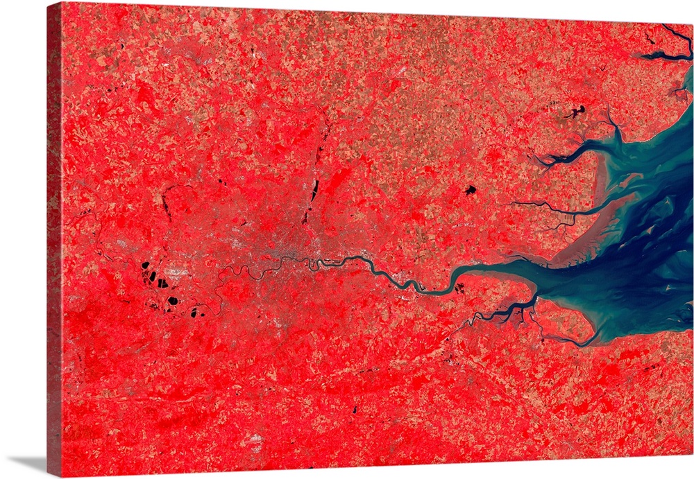 London and its surrounds, infrared satellite image. North is at top. The Thames Estuary is at right. This view is used for...