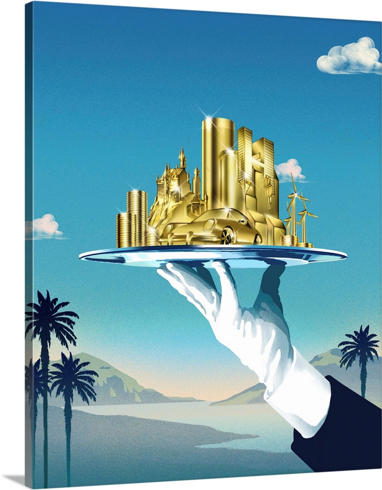 Luxury services. Conceptual image of golden objects being served up on a tray, representing the provision of luxury servic...