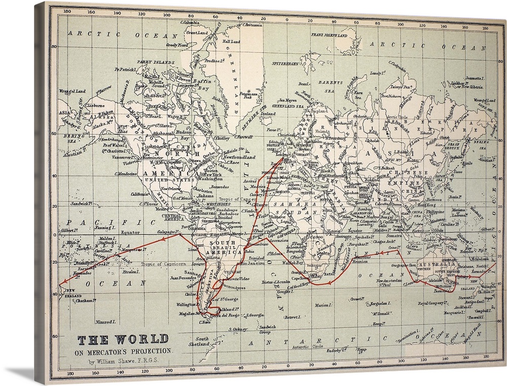 Map of the World with Voyage of the Beagle coloured in red. Appendix from \The Voyage of HMS Beagle\ by Charles Darwin (Co...