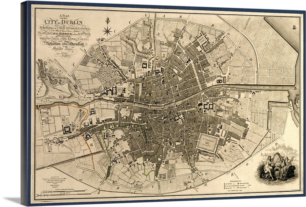 Map of the City of Dublin, Ireland. Published in 1797, this map includes details of the canals being built at the time. Ca...
