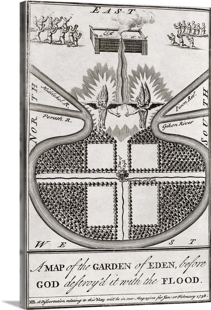 Garden of Eden. 18th century diagram showing the supposed layout of the Garden of Eden. The description in the Bible tells...
