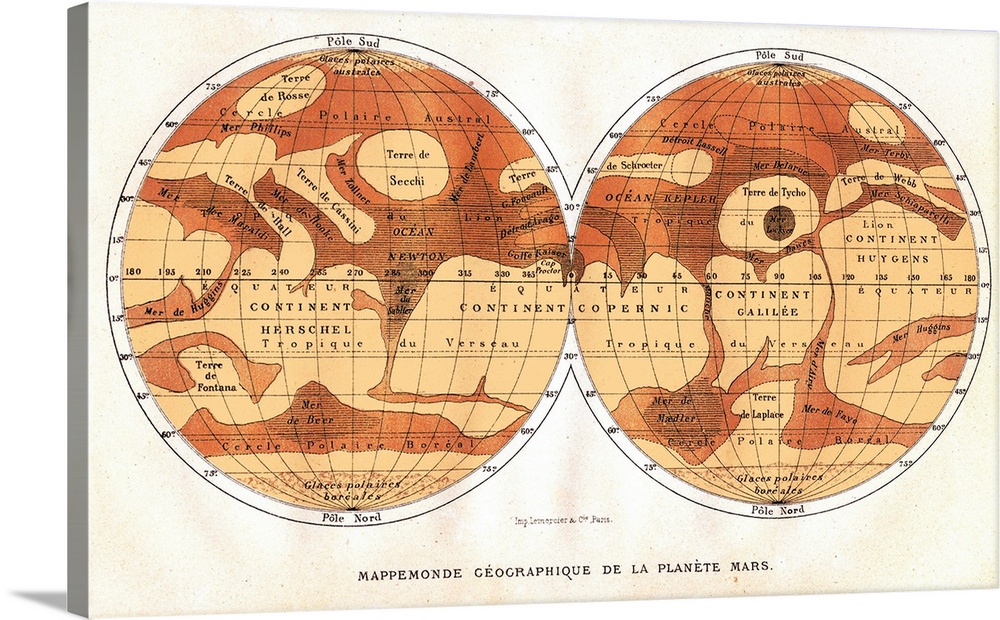 Map of Mars, published in Paris in 1881. The first accurate telescope observations of Mars were made in 1877 and 1881 when...