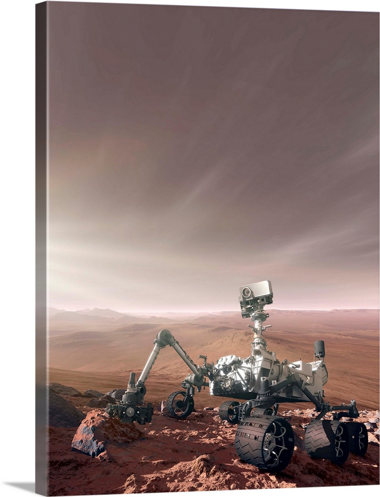 Curiosity rover. Computer artwork of the Mars Science Laboratory (MSL) mission rover, Curiosity, on the Martian surface. T...