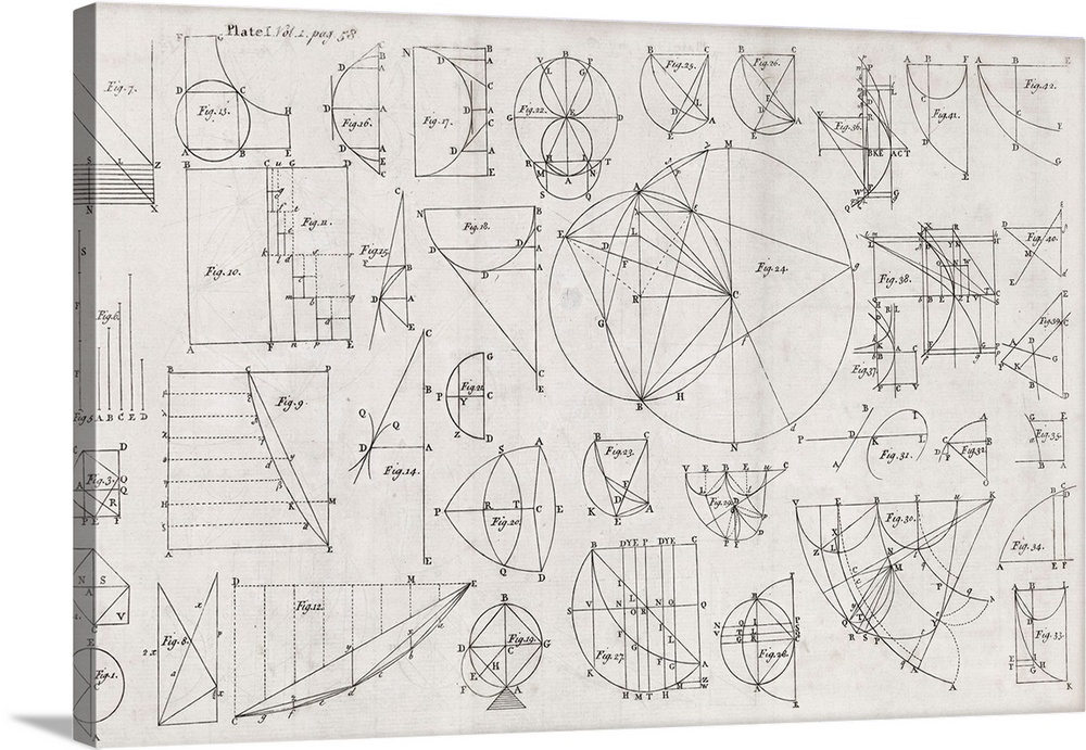 Mathematical diagrams. 18th-century journal page with 17th-century diagrams illustrating geometric curves and logarithms. ...
