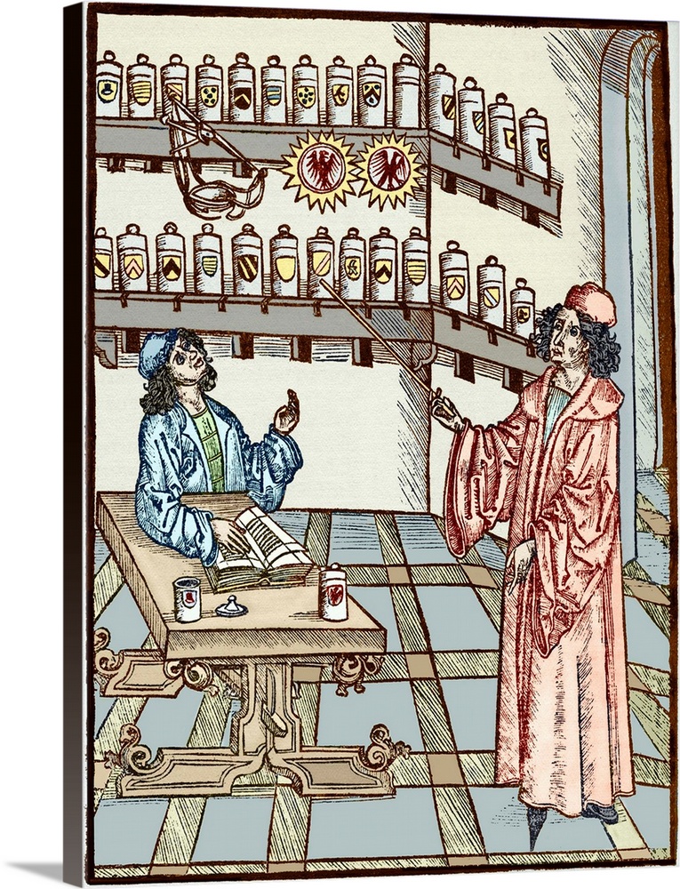 Medieval physician (right) and pharmacist (left), with a medical book and shelves of herbal and chemical remedies. This ar...