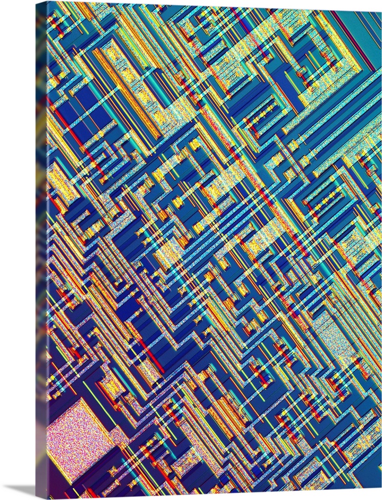 Microchip. Light micrograph of the surface of a microchip using differential interference contrast microscopy (DIC). Magni...