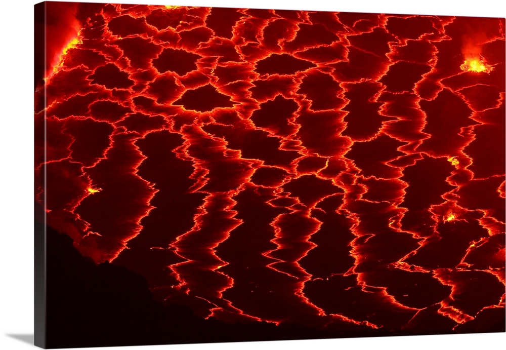 Mount Nyiragongo lava lake. Pattern of cracks on the surface of the lava lake at the summit of Mount Nyiragongo. This acti...