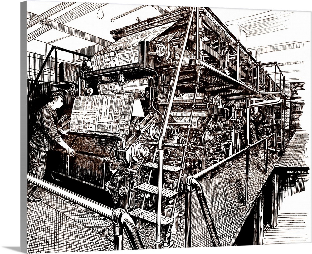 Newspaper press. Historical artwork of a 1931 double cylinder rotary web perfecting press used to produce newspapers. This...