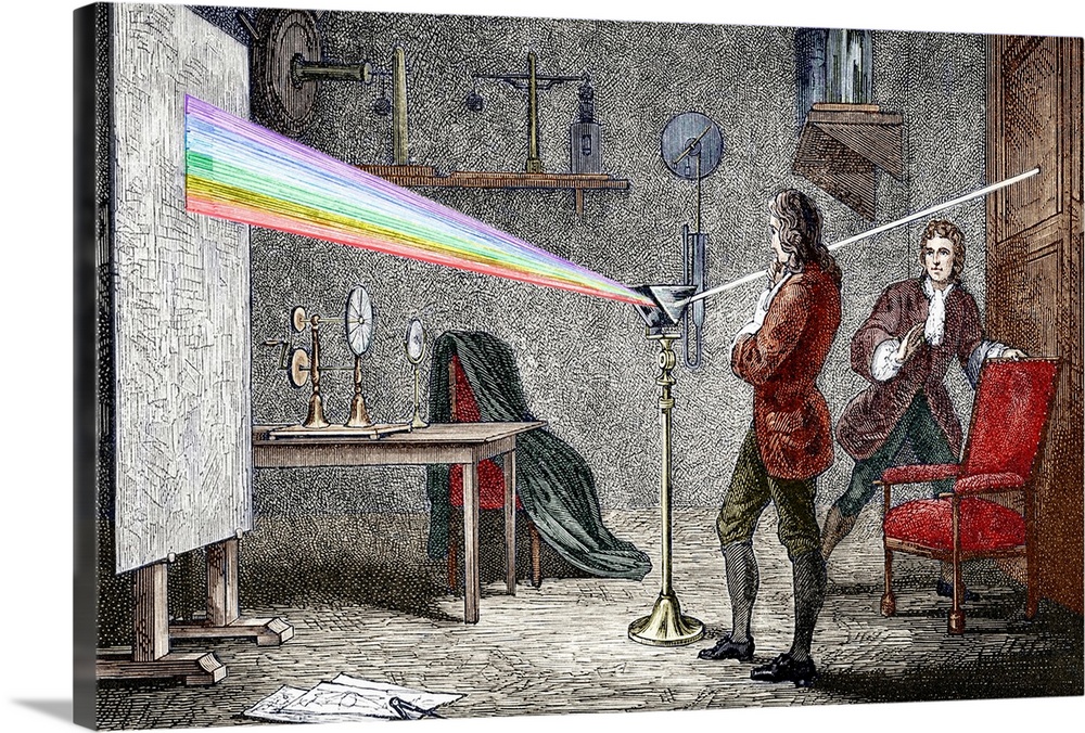 Newton's optics. Coloured historical artwork of the English physicist and mathematician Isaac Newton (1642-1727) conductin...