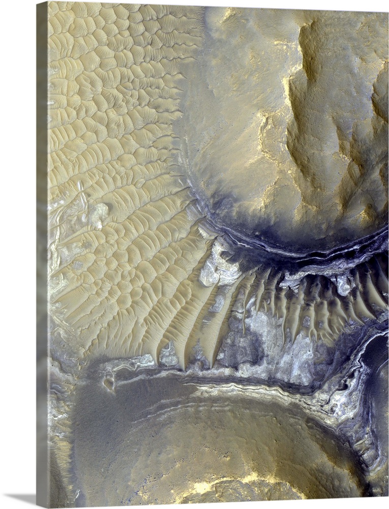 Noctis Labyrinthus, Mars. Coloured satellite image of exposed layers on the valley walls of Noctis Labyrinthus on Mars. Th...