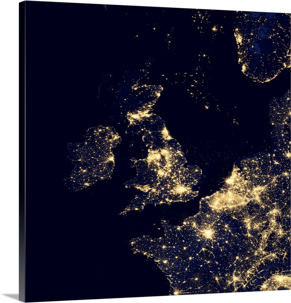 North Sea at night. Black marble satellite image of the North Sea at night. Lights from ships and flares from gas and oil ...