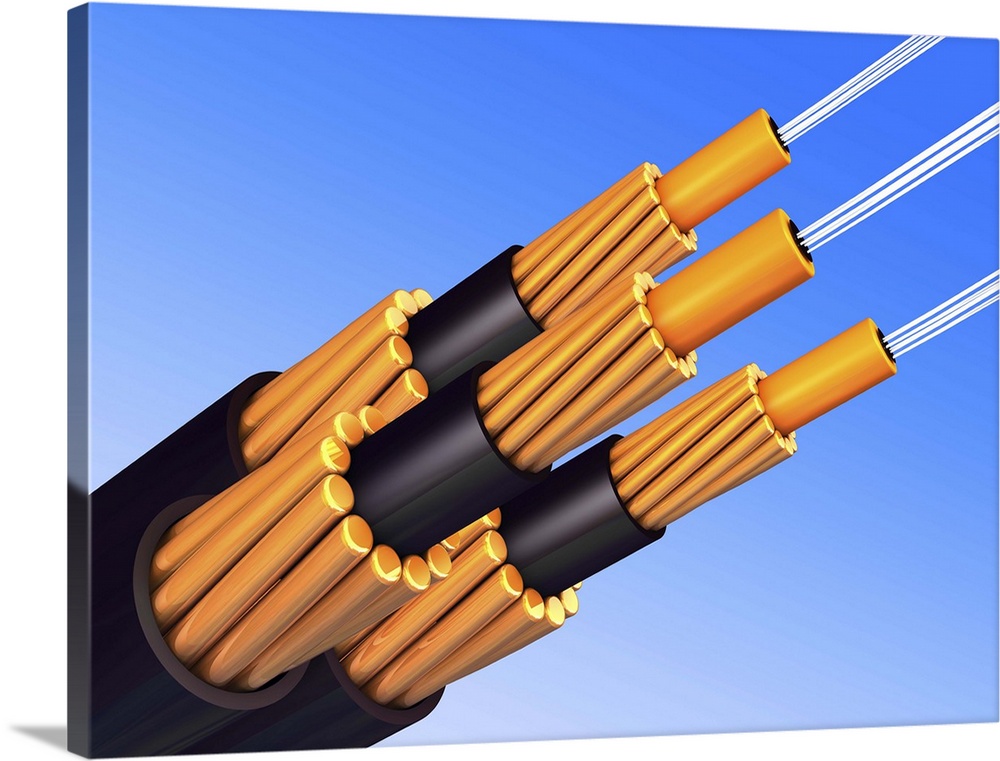 3D computer artwork of a cable containing optical fibres, split to show its different layers. The optical fibres are in th...