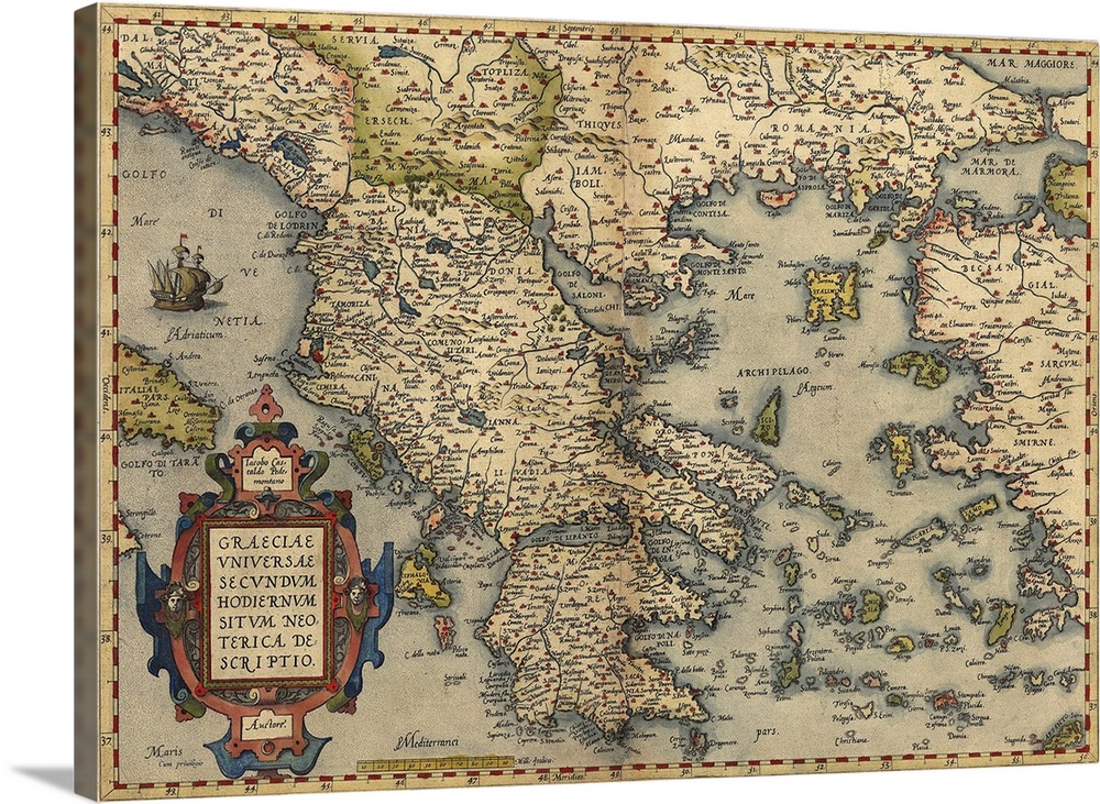 Ortelius's map of Greece. This map is from the 1570 first edition of Theatrum orbis terrarum ('Theatre of the World'). Dra...