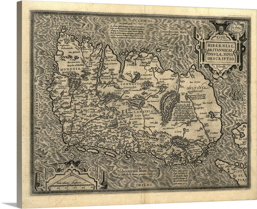 Ortelius's map of Ireland, from an atlas of 1598. North is at right. This map is titled: Hiberniae, Britannicae Insulae No...