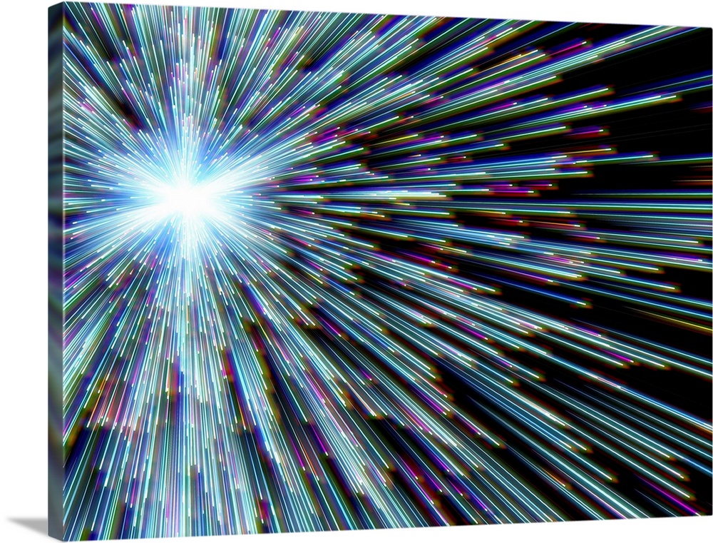 Conceputal computer artwork of rays emitting particles. This could depict travel near the speed of light, cosmic rays, par...