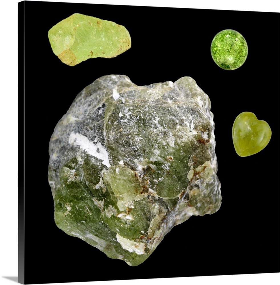 Peridot. The specimens at top right and middle right are polished and the specimens at left are in their natural state. Pe...