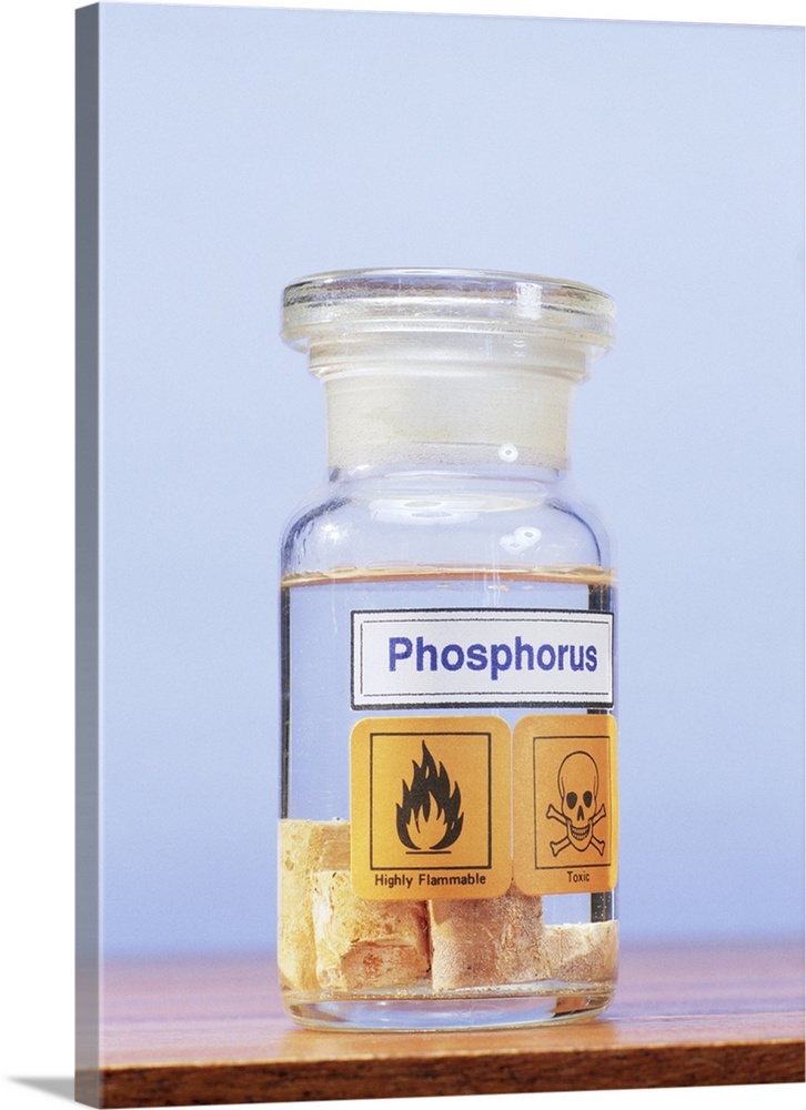 Phosphorus stored under water in a glass jar. Phosphorus (chemical symbol P) is a non-metallic element of group 15 of the ...