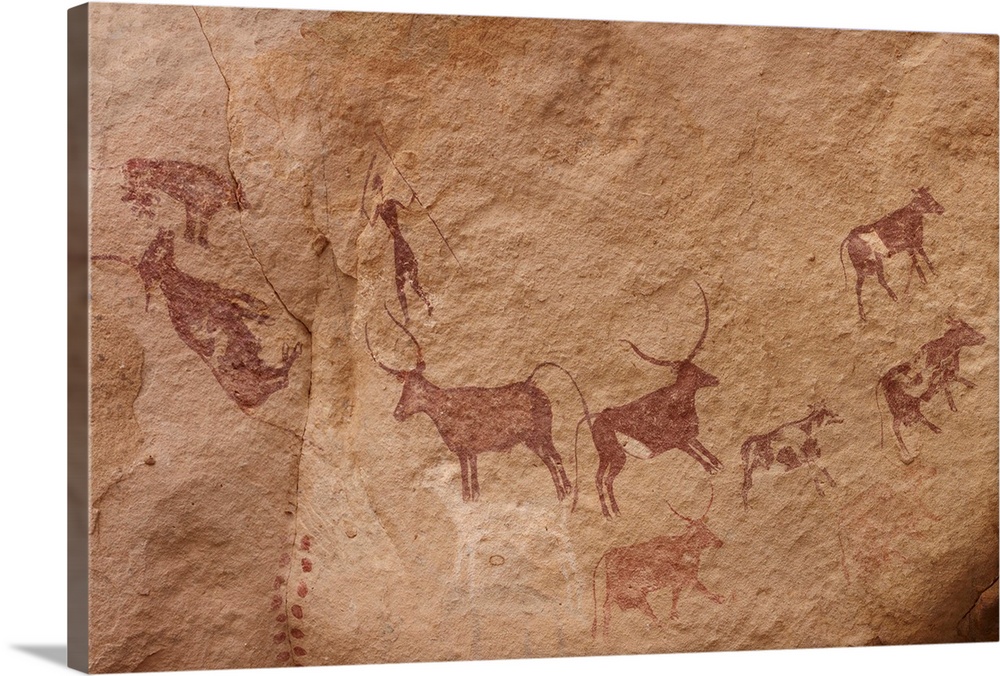 Pictograph of a Lion attack, Acacus, south west Libya, believed to have been painted around 9, 000 years ago. A dead auroc...