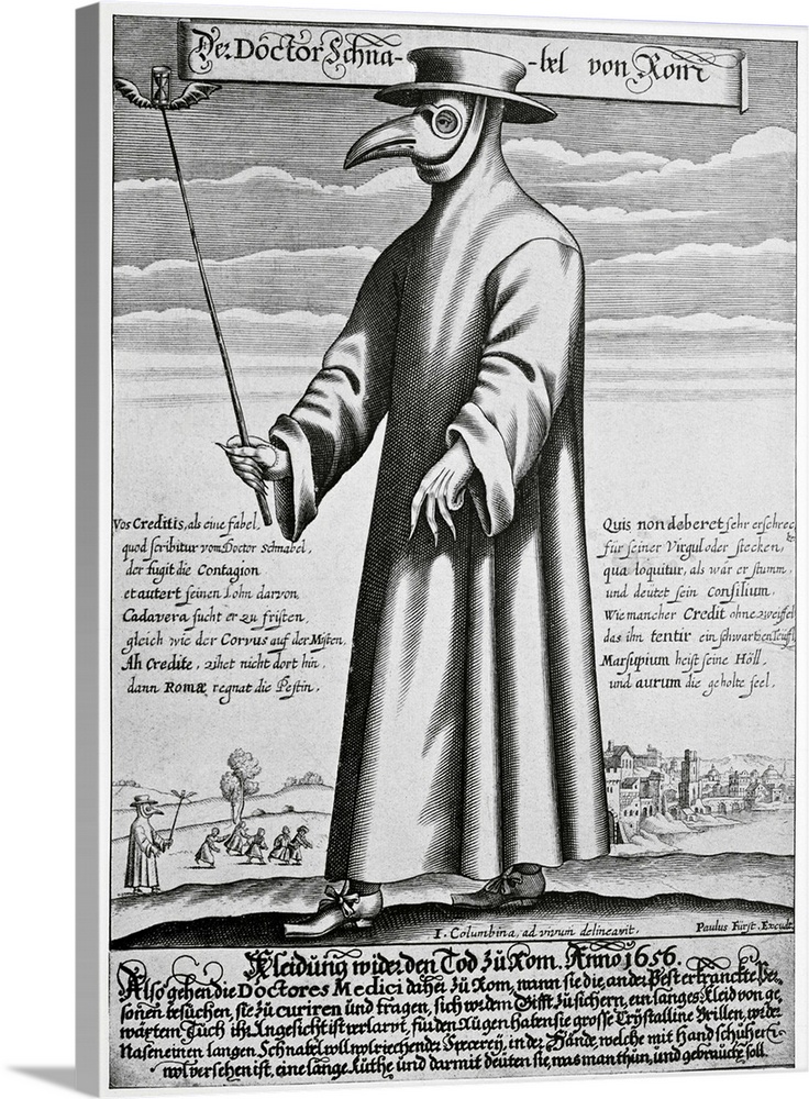 Plague doctor. 17th century artwork titled 'Doktor Schnabel von Rom' (Beak Doctor from Rome). The text is in Latin. The co...