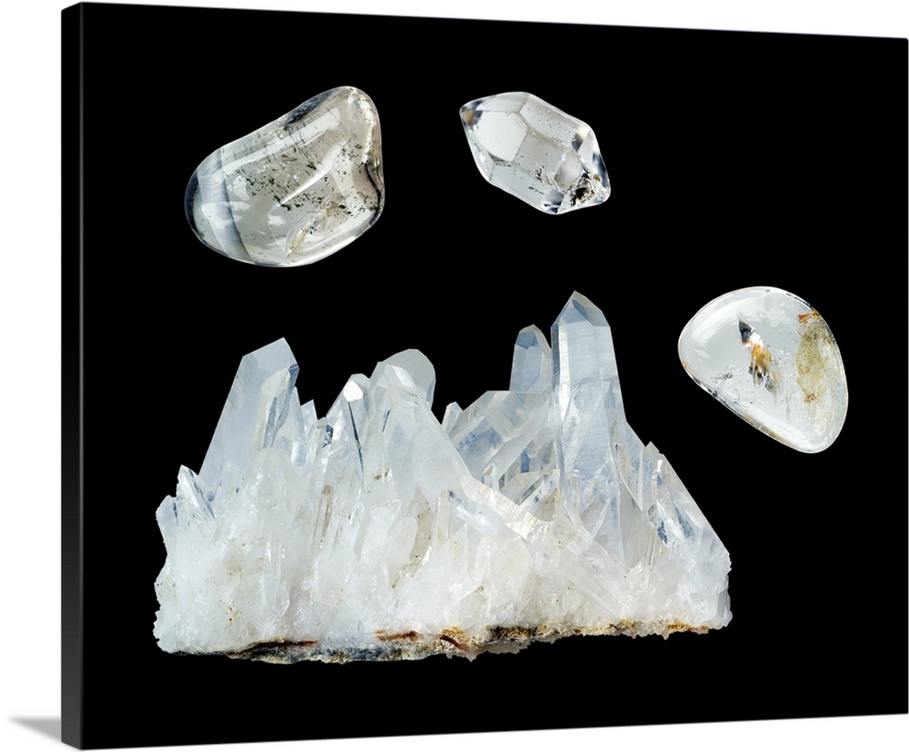 Quartz. The specimen at bottom is in its natural state the other specimens have been polished. Quartz is a form of silica ...