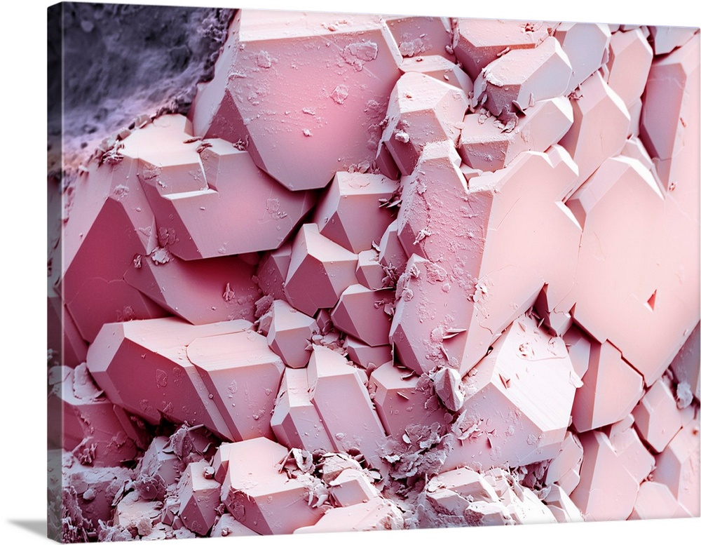 Quartz crystals, coloured scanning electron micrograph (SEM). This silicate mineral is a form of silica (silicon dioxide).