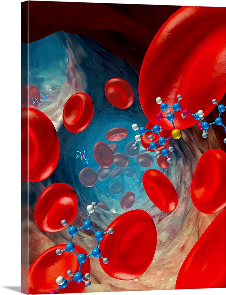 Red blood cells and drug molecules, computer artwork. Red blood cells (erythrocytes) are responsible for supplying tissues...