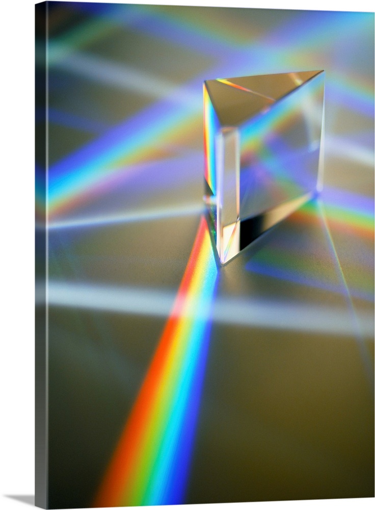 Refraction. White light being refracted as it passes through a triangular prism to produce a spectrum (rainbow, down centr...