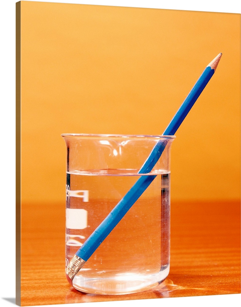 Refraction of an image of a pencil in water. The pencil appears bent due to refraction (bending) of the light rays produci...
