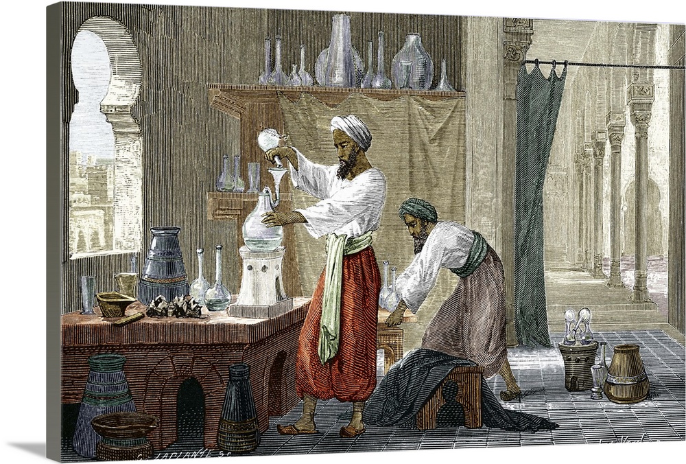 Rhazes (c.860-930), Islamic Persian scholar, physician and alchemist, with an assistant, in his chemistry laboratory in Ba...