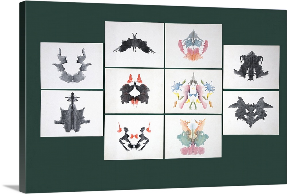 Inkblot test cards from a set of ten cards used in the Rorschach test. The subject's perceptions of the inkblots are recor...