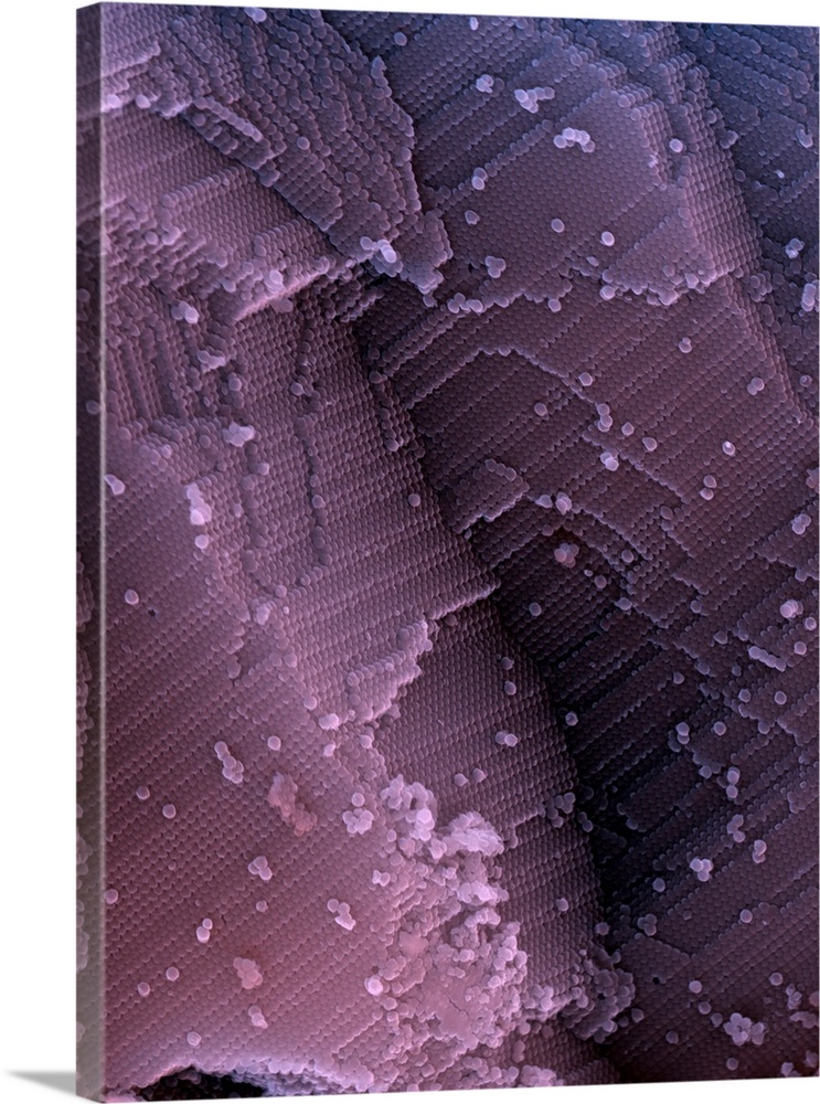 Ruby. Coloured scanning electron micrograph (SEM) of artificially grown layers of ruby crystals. Ruby, a gemstone and a pr...