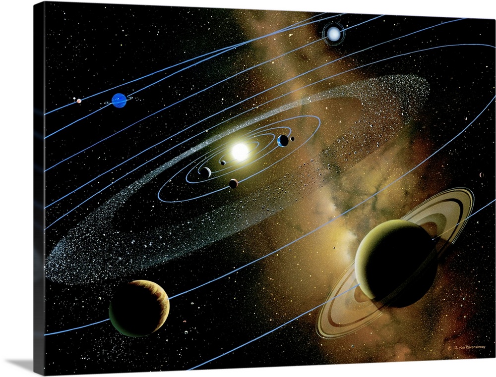 Solar system. Artwork of the nine planets orbiting the Sun (yellow). The planetary orbits are shown as blue lines. Distanc...