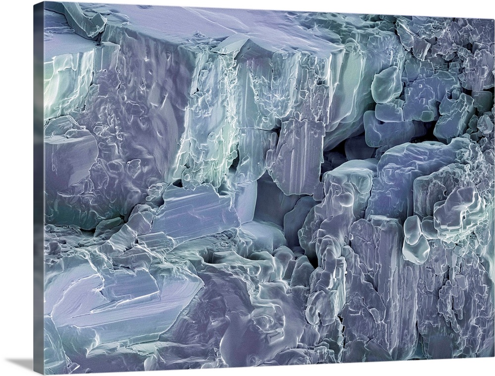 Sea salt. Coloured scanning electron micrograph (SEM) of sea salt, showing its crystalline structure. Sea salt consists ma...