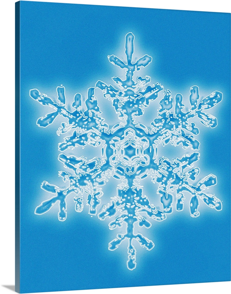 Snowflake, computer artwork. Snowflakes are symmetrical ice crystals that form in calm air with temperatures near the free...
