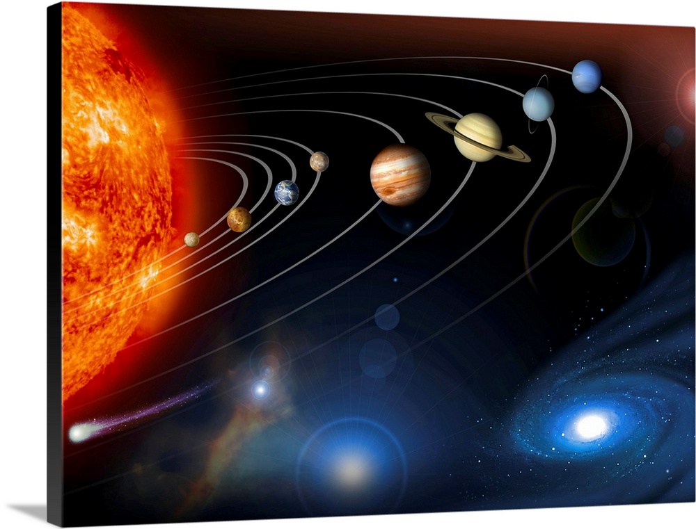 Solar system planets. Computer artwork of the eight planets of the solar system, which are arrayed from left to right in o...