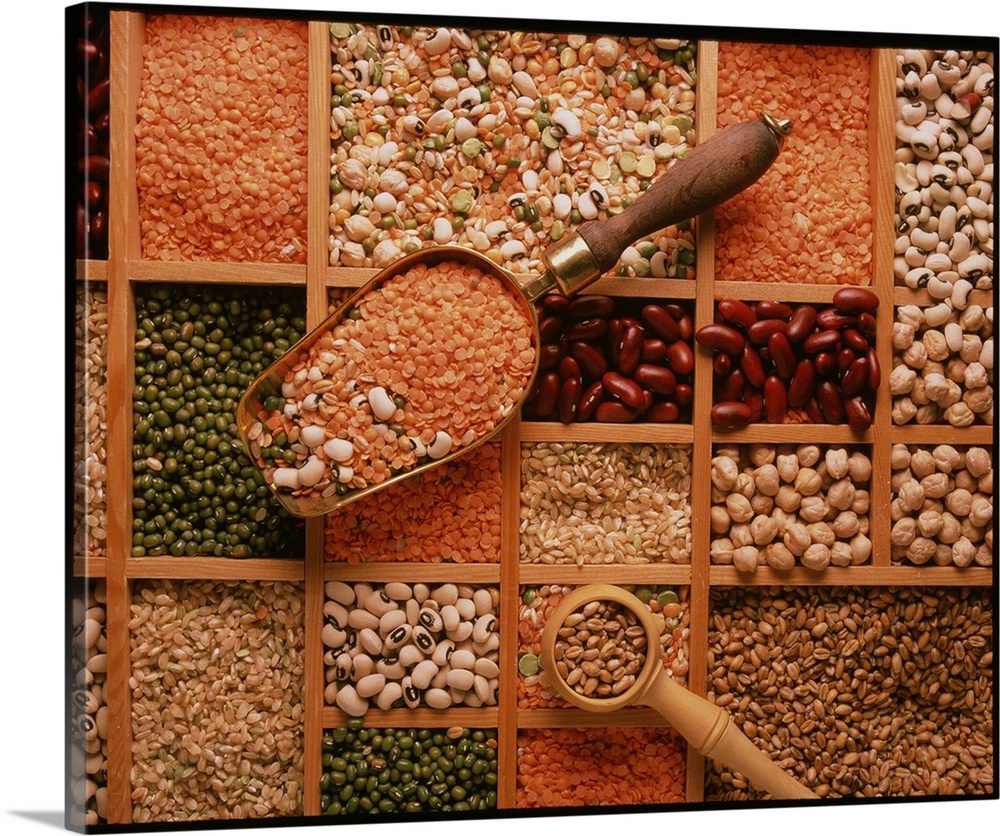 Store of various grains and pulses, including lentils (orange), Aduki beans (green), red kidney beans, black-eyed beans an...