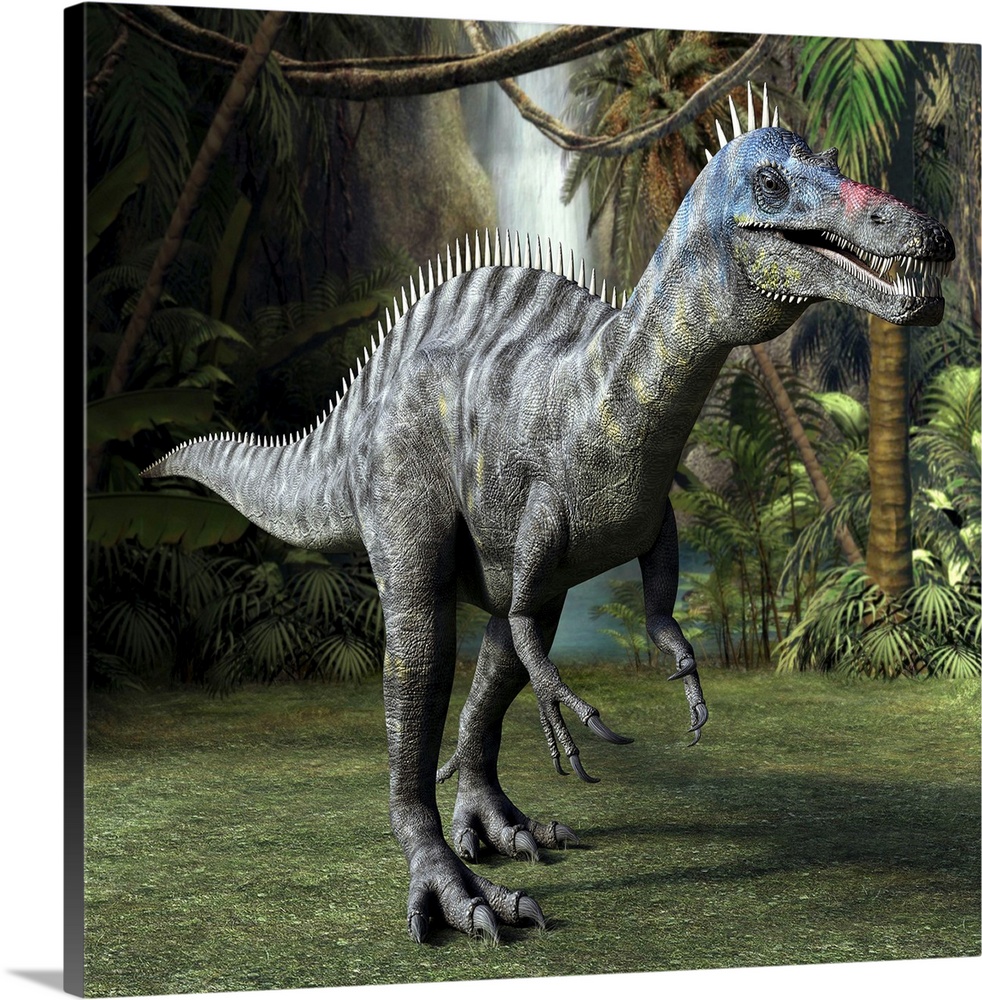 Suchomimus dinosaur in a prehistoric jungle, computer artwork. This bipedal spinosaurid dinosaur is known from fossils dis...