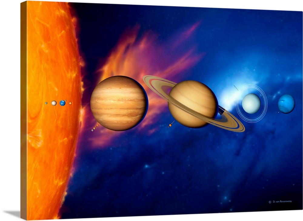 Sun and its planets. Artwork of the eight planets of the solar system arrayed from left to right in their order from the S...