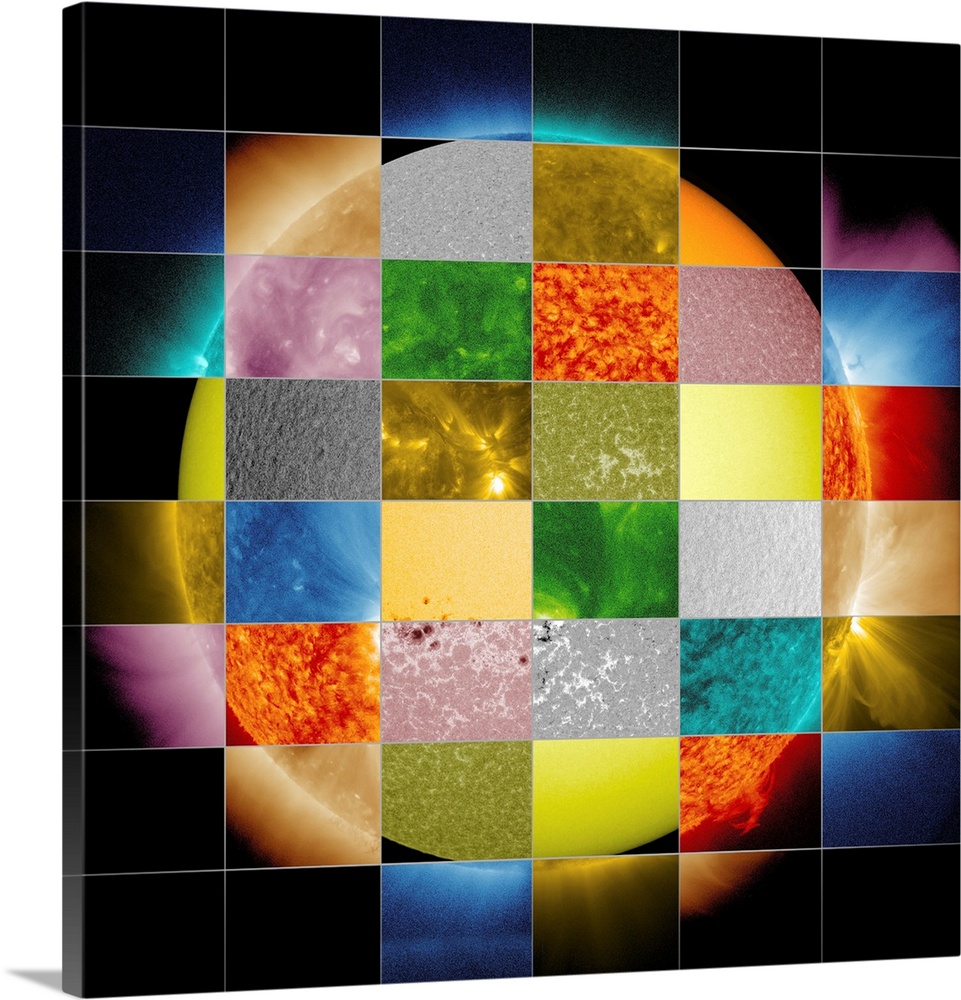 Sun observed at different wavelengths. Collage of solar images from NASA's Solar Dynamics Observatory (SDO). Observing the...